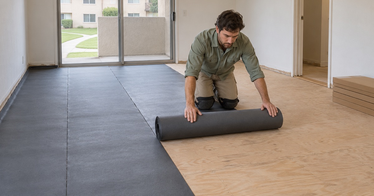Worker unrolling underlayment across the plywood subfloor of an upstairs condominium before new wood goes down.