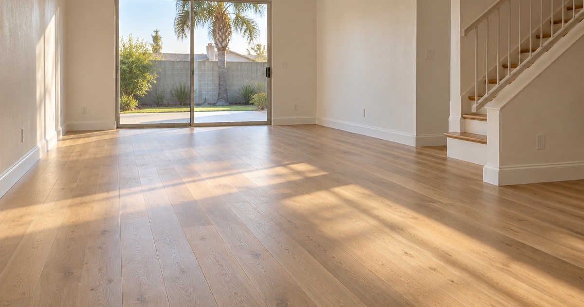 Finished white oak floor running to the sliding door of a living room in a 1970s Westminster house.