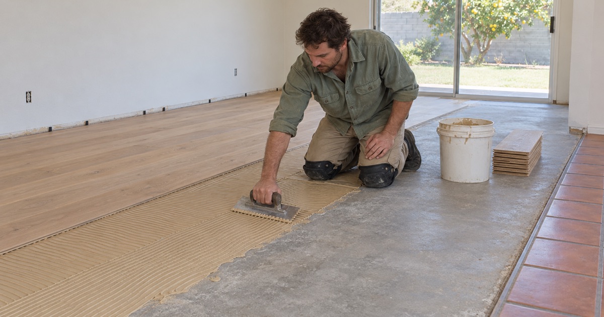 Worker troweling adhesive onto a concrete slab before gluing down engineered oak planks in a Westminster house.