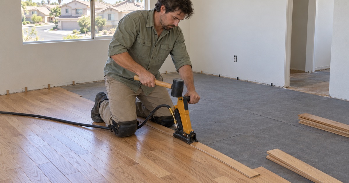 Worker nailing solid oak strip flooring with a flooring nailer in an upstairs room of a Westminster house.