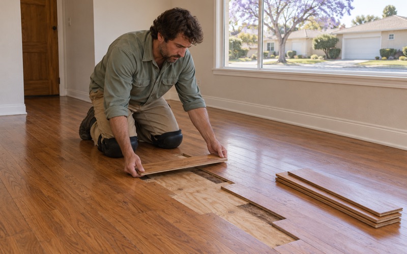 Worker lowering a matched replacement oak board into a staggered lace-in repair in a Westminster home.