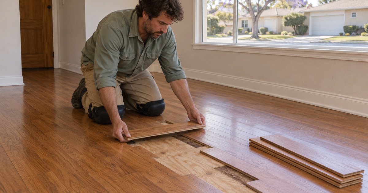 Worker lowering a matched replacement oak board into a staggered lace-in repair in a Westminster home.