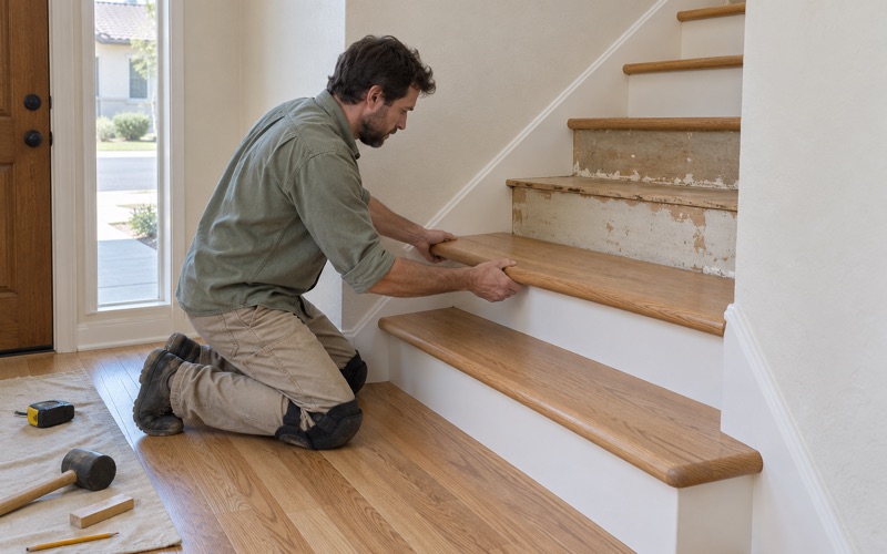Worker pressing a bullnosed oak retro tread onto a stair step in a two-story Westminster house.