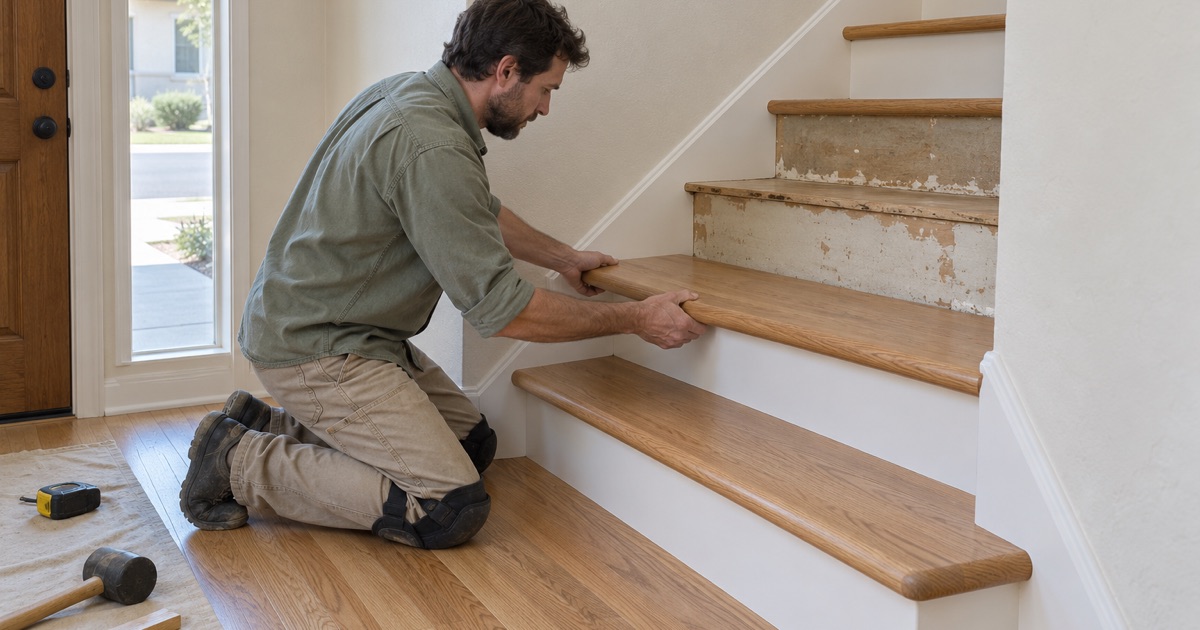 Worker pressing a bullnosed oak retro tread onto a stair step in a two-story Westminster house.