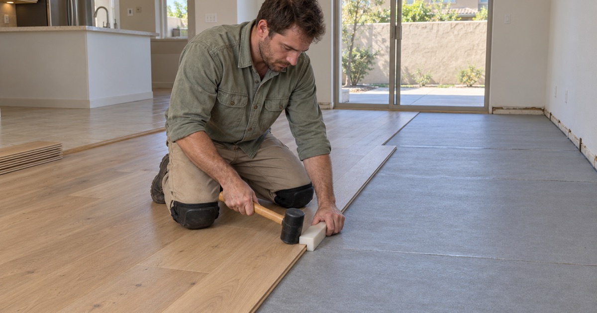 Worker tapping a new white oak plank tight with a tapping block in an open-plan Westminster townhouse.