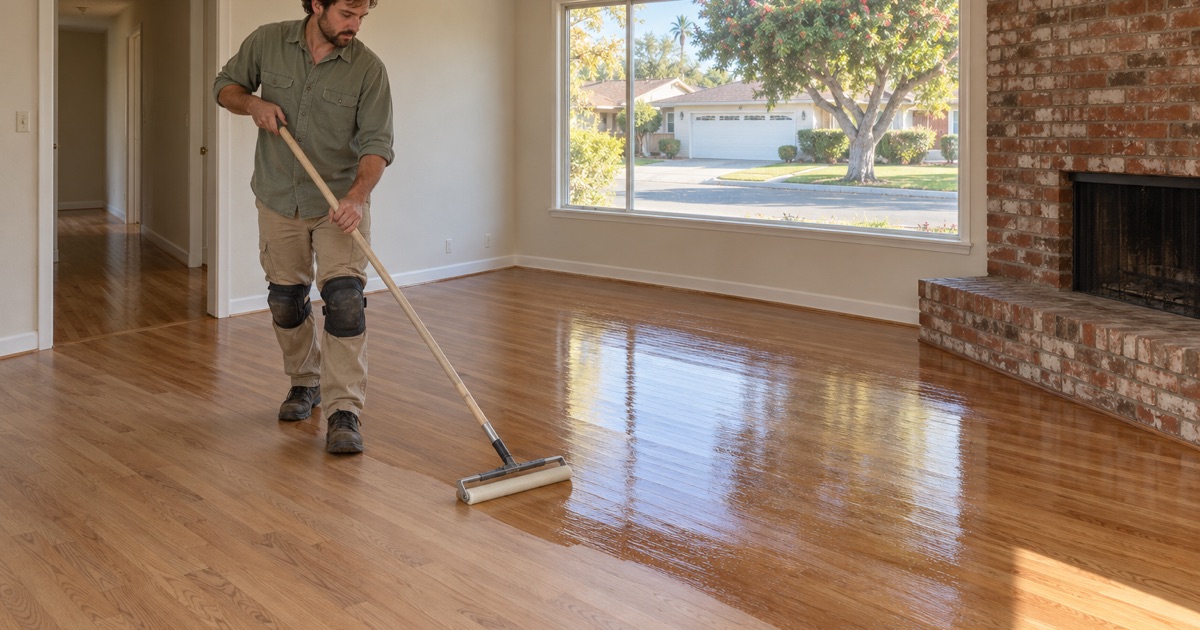 Worker walking backwards while spreading a clear finish coat over sanded oak in a Westminster living room.