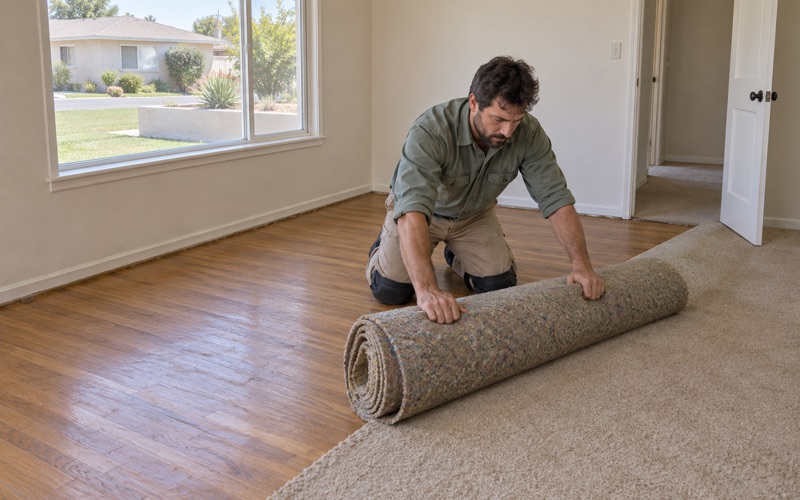 Worker rolling back old carpet to reveal original oak flooring in a 1950s Westminster house.