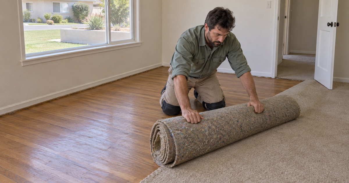 Worker rolling back old carpet to reveal original oak flooring in a 1950s Westminster house.