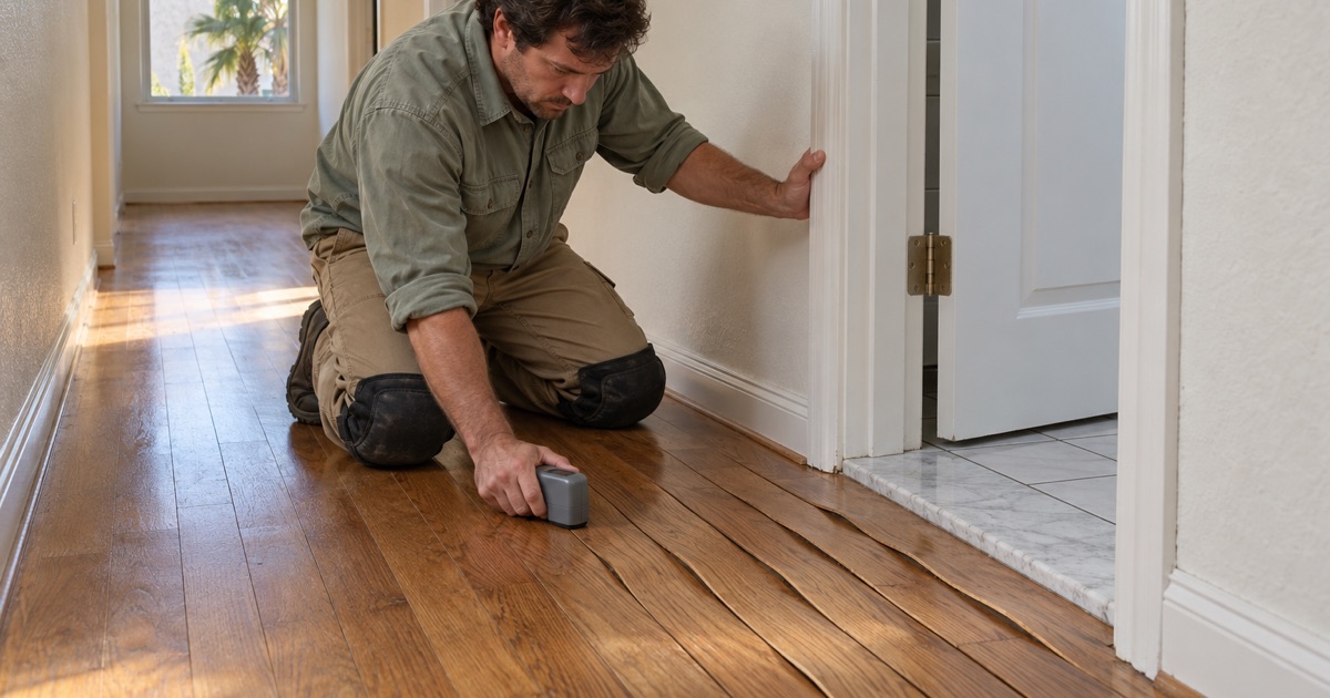 Worker checking cupped red oak boards with a moisture meter in the hallway of a Westminster tract house.