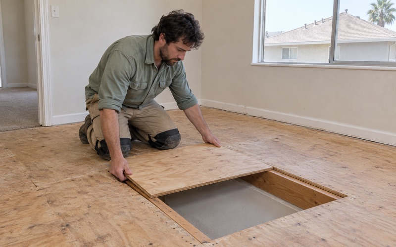 Worker lowering a new plywood subfloor panel onto the joists in an upstairs bedroom of a two-story Westminster house.