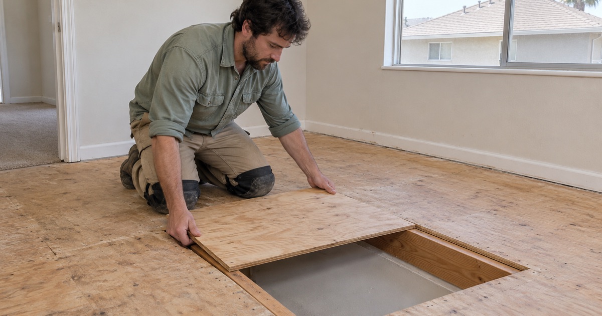 Worker lowering a new plywood subfloor panel onto the joists in an upstairs bedroom of a two-story Westminster house.