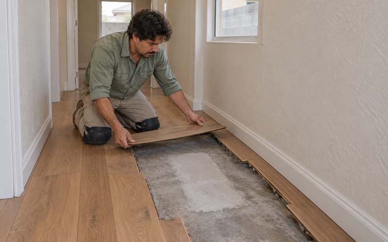 Worker lifting out a cupped engineered plank beside a patched slab-leak repair in a Westminster hallway.