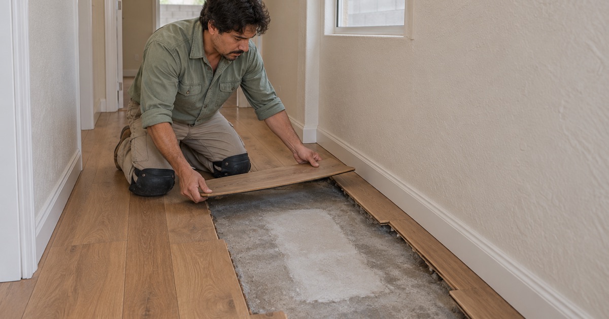 Worker lifting out a cupped engineered plank beside a patched slab-leak repair in a Westminster hallway.