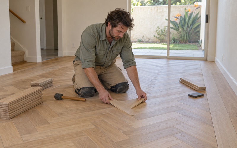 Worker setting a white oak herringbone board to the pattern in a Westminster living room.