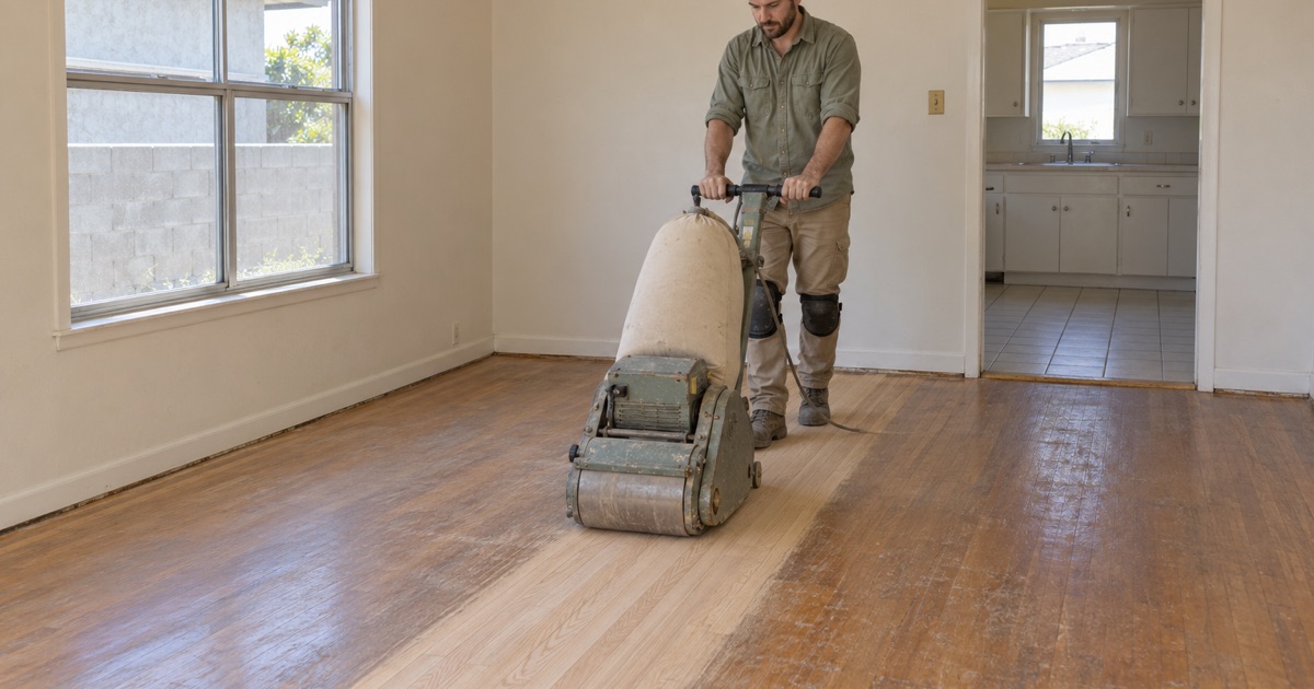 Worker guiding a drum sander down red oak strip flooring in a 1960s Westminster house.