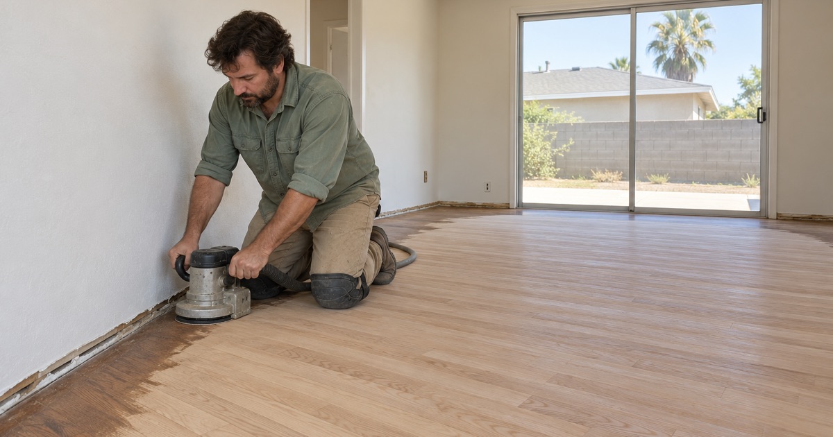 Worker running an edger along the wall of a sanded red oak living room floor in a 1960s single-story house in Westminster.